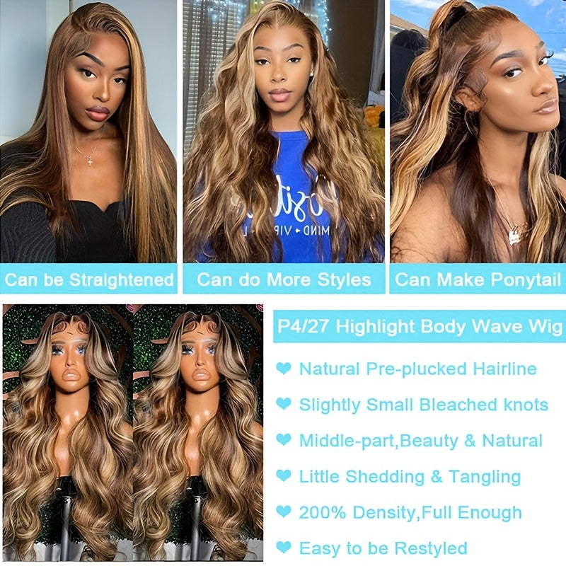 Ombre Lace Front Wig Human Hair Glueless 200 Density Blonde Highlight Wig Human Hair Pre Plucked 4/27 Highlight Lace Front Wigs Human Hair 5*5 HD Lace Brown Highlighted Wig Body Wave (Piano Colored Wig)